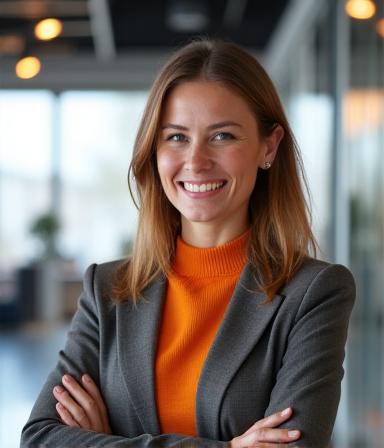 Portrét Evy Horváthovej, konzultantky pre firemné financie. Žena, energický úsmev, v pozadí office.