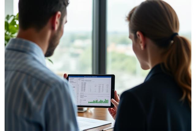 Osobný finančný plánovač a jeho klient prezerajúci si dáta na tablete